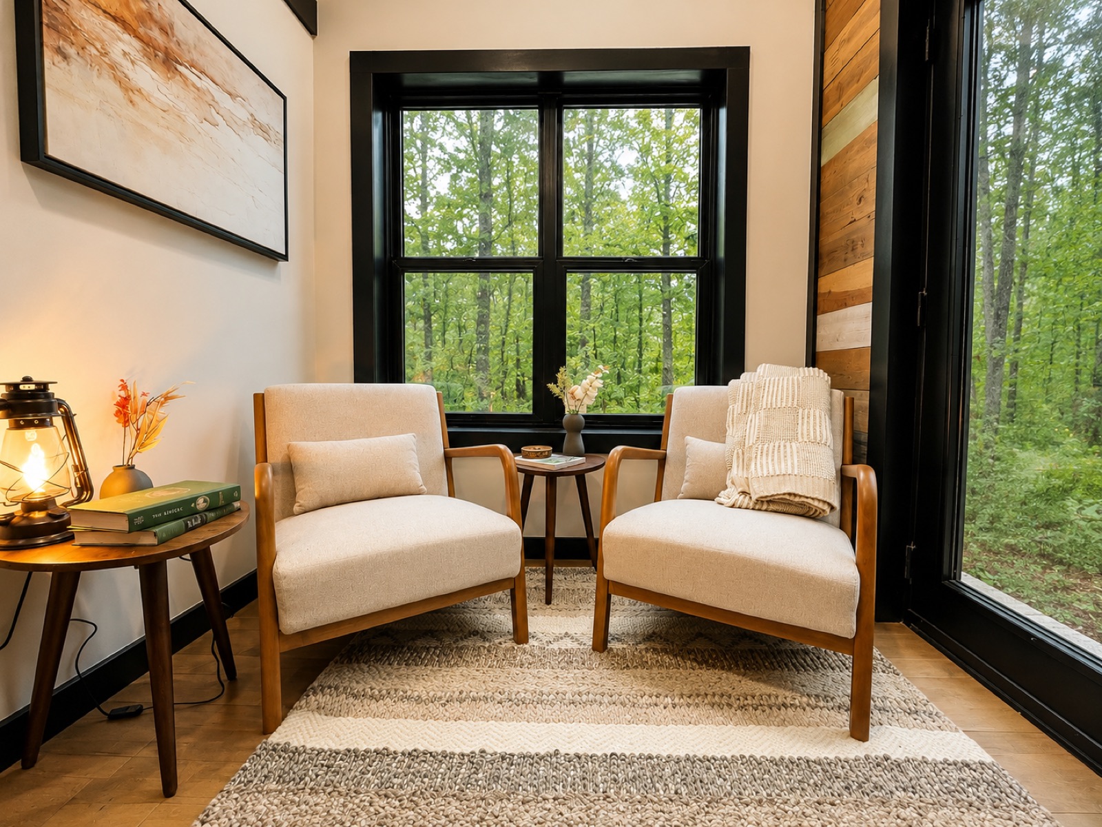 Reading corner at Shadow Pine — two armchairs by a black-framed window looking into the woods